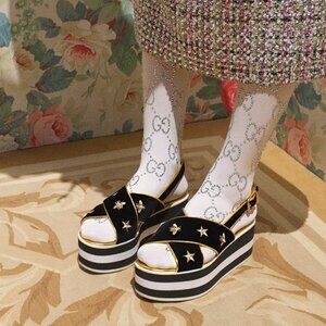 Authentic Gucci Peggy Gold Bee and Star Platform Sandals